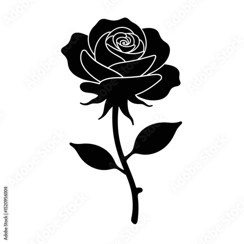 Single black rose flower stem leaves. Elegant black rose illustration perfect for funeral home stationary.  This somber rose image is ideal for sympathy cards, memorial invitations