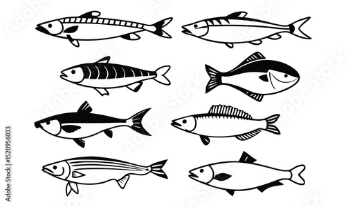 Collection of Black and White Fish Silhouettes for Marine Life Projects