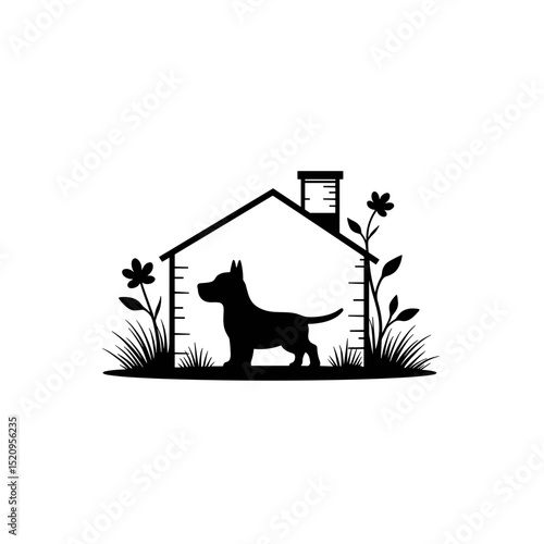 Silhouette of dog standing in front of house. Pet silhouette in simple home icon. Peaceful pet home image suitable for pet loss announcement or memorial card design.