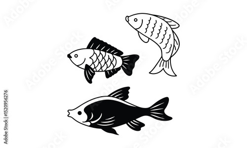 Collection of Black and White Fish Silhouettes for Marine Life Projects