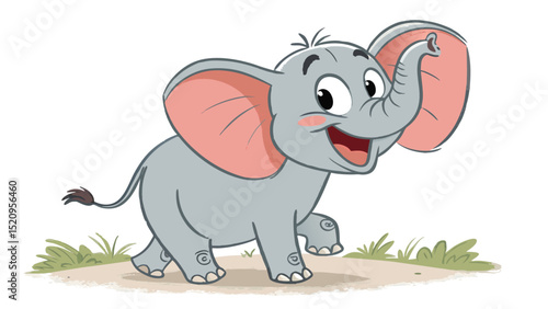 Adobe Illustrator Artwork of Joyful Cartoon Elephant with Big Ears and Tiny Trunk Cute Vector Illustration Isolated on White background.