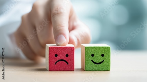 A hand pointing to a red sad face icon. Unsatisfied consumer. Emotional scale. Customer experience. Quality of service. Negative. Review. Feedback from a patron. Objection