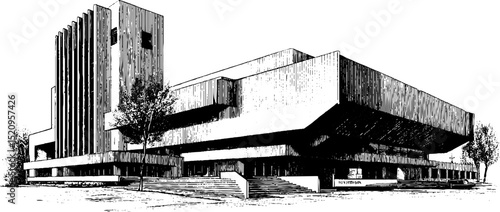 Intricate engraved illustration of brutalist architecture design for artistic inspiration
