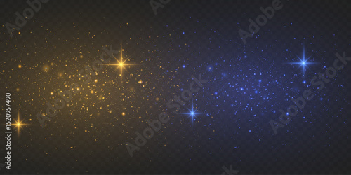 Glowing gold and blue particles with sparkling stars, for a festive or magical design.