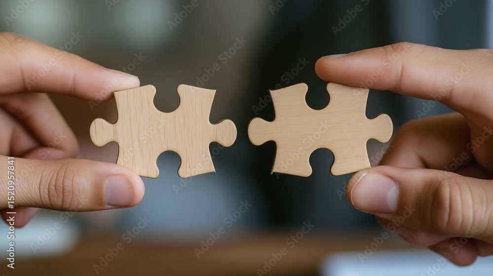 Close-up of a businessman's hands connecting two puzzle pieces together, representing success.
Close-up of a businessman's hands connecting two puzzle pieces together, representing success.