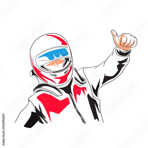 Racer celebrates win, motorsport illustration. Thumb up, sport champion, isolated vector drawing