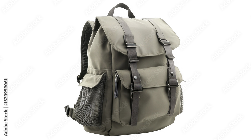 Fototapeta premium Khaki backpack with straps and pockets, on a transparent background, PNG image, PNG file.