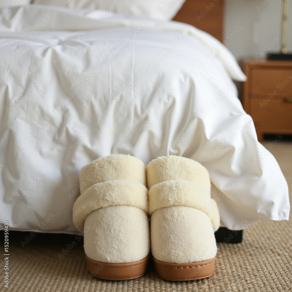 Obraz premium Cozy slippers with warmth placed beside a bed in a comfortable bedroom setting