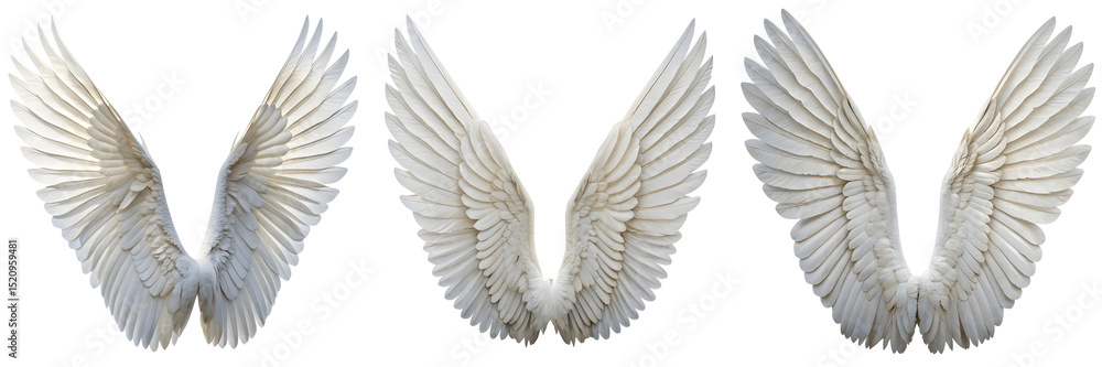 Fototapeta premium Three pairs of white angel wings isolated on transparent background