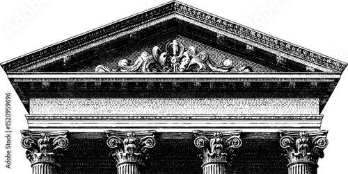 Classical architecture engraving featuring corinthian columns and detailed facade design