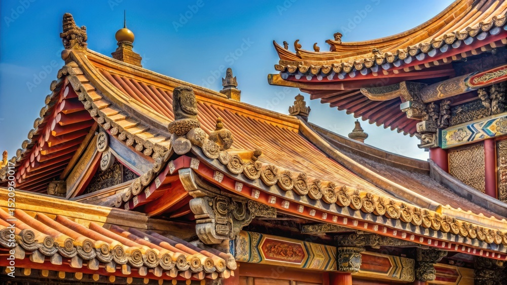 Obraz premium Traditional Chinese roof with intricately carved eaves and ornate woodwork details