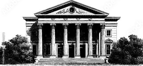 Detailed engraved illustration of classical mansion facade architecture design