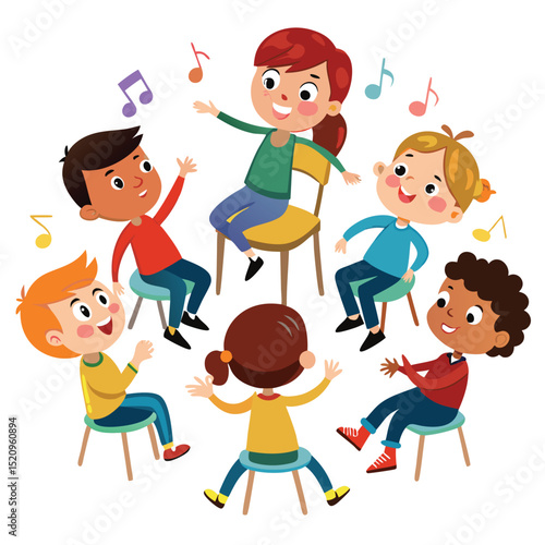 Animated Children Play Musical Chairs Game with Notes on a White Background