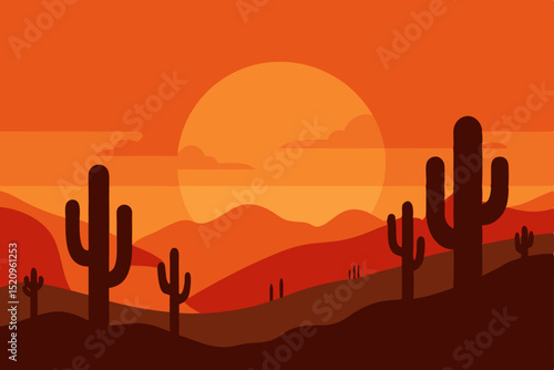 Saguaro cacti silhouette the Arizona desert landscape at sunset