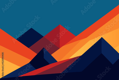 Abstract geometric triangle background with a desert landscape illustration of a pyramid, sun, and camel at sunset
