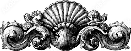 Ornate engraved design of curved volutes with cherubs for decorative art