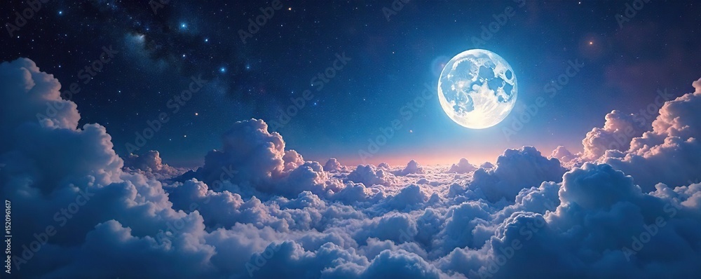 Obraz premium Ethereal celestial landscape bathed in soft moonlight, a universe of shimmering stars and nebulous clouds Perfect for fantasy, science fiction, or dreamscape themes , moonlight glow, night sky