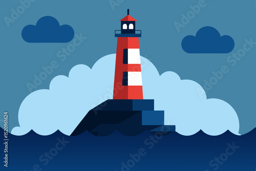 White lighthouse tower piercing the blue sky and clouds, a coastal beacon of safety and navigation