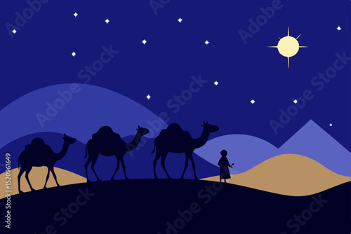 Christmas nativity scene with wise men on camel silhouettes in the desert at night with a guiding star