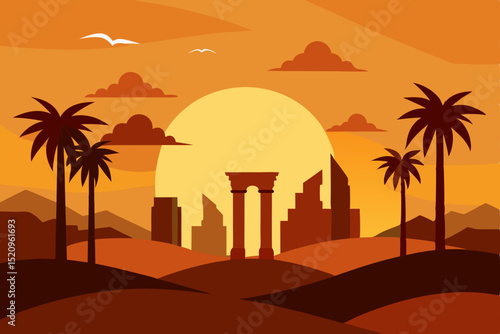 Tropical sunset over an oasis with silhouetted palms, a tranquil beach, and the sea stretching into the evening sky