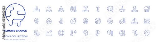 Climate change icons collection. Thin Line icons, editable stroke. high temperature, desertification, water crisis, global warming, water temperature, dry, sun