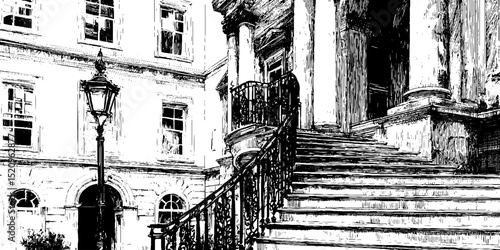 Vintage architectural engraving of deep set façade with sculpted details