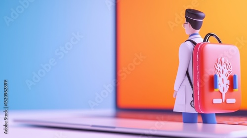 Doctor Figure with Backpack by Laptop on Colorful Background