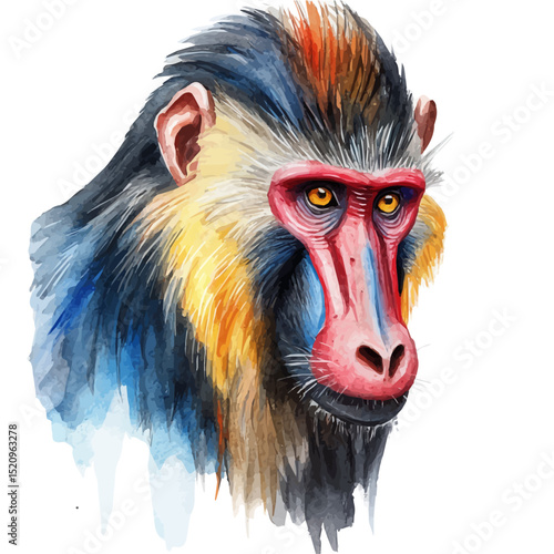 Mandrill, watercolor painting vector, high quality, isolated on a white background.