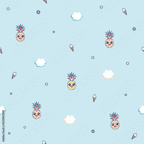 Seamless summer pattern with cute pineapples and ice creams. Illustration for spring and summer fabrics and decorations.