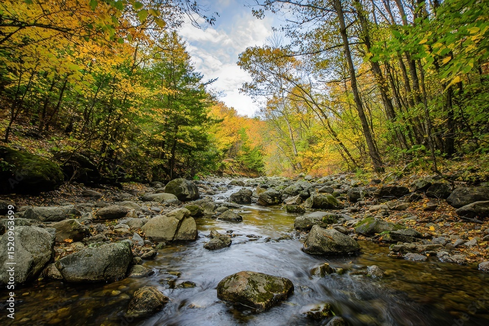 Obraz premium Serene autumn forest river scene. Rocks, flowing water, golden leaves. Perfect for nature, travel, and seasonal designs. Ideal for websites, prints, and more.