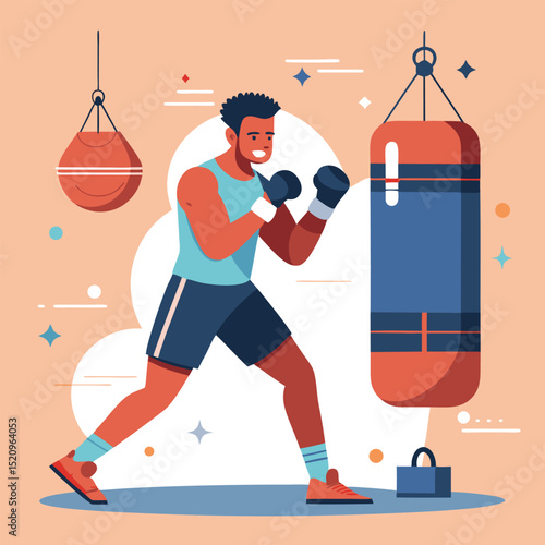 Cartoon Boxer Training with Punching Bags Illustration Art for Sports and Fitness