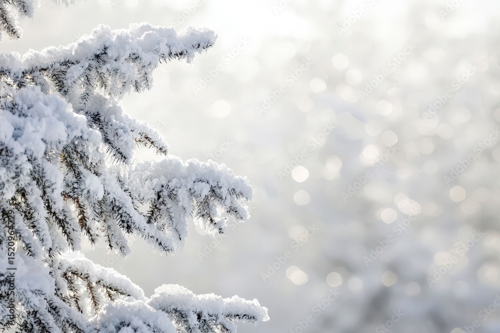 Fototapeta premium Snowy winter scene, branches of a snow-covered fir tree against a bokeh background. Ideal for Christmas, winter, and holiday designs. Perfect for cards, websites, and advertising.