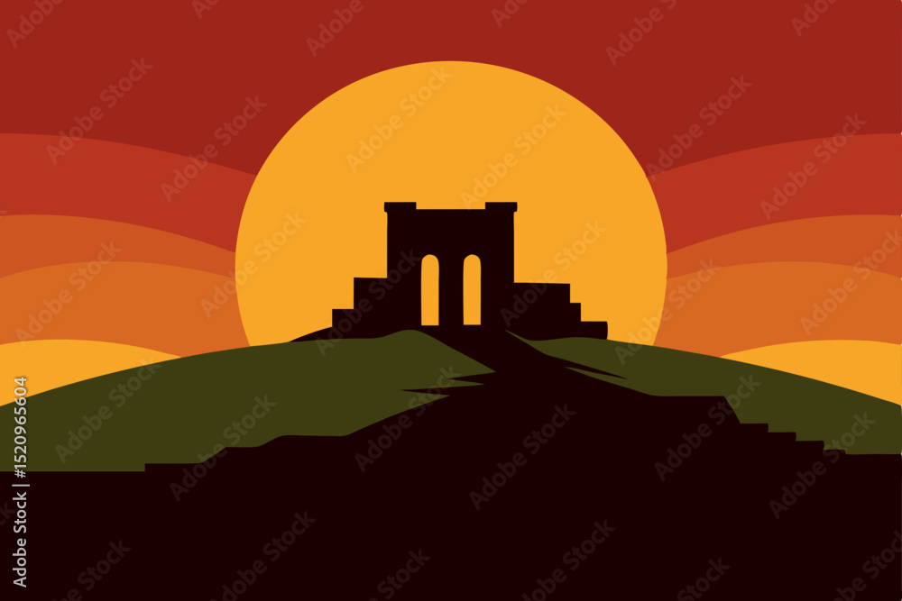 Obraz premium Ancient ruins of Pompeii silhouetted against an orange sunset sky with dramatic clouds