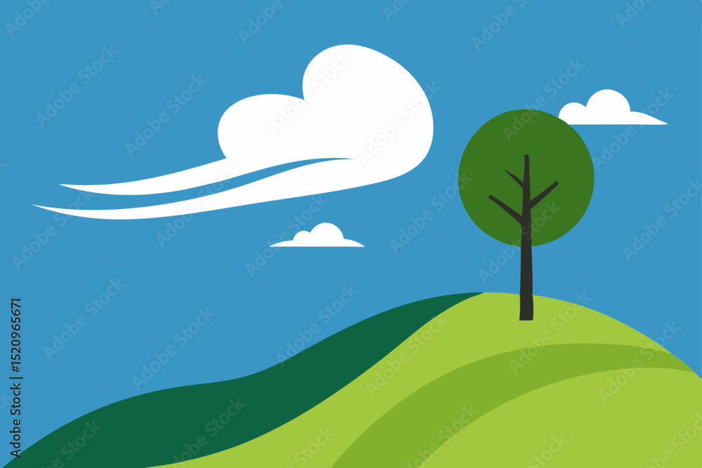 Fototapeta premium Summer landscape illustration with green trees, grass, and blue sky with clouds