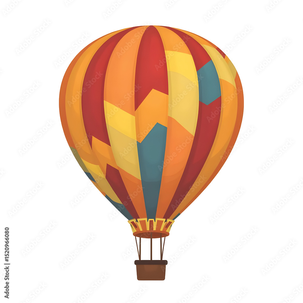 Obraz premium Colorful zig-zag patterned hot air balloon in vibrant red, orange, yellow, and navy with brown basket on white background, PNG file