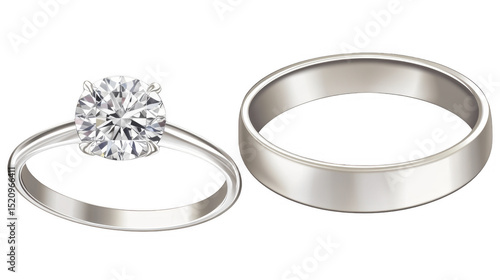 Engagement Ring with a Diamond and a Wedding Band on a transparent background, PNG image, PNG file.
