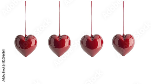 Four red heart ornaments hanging on a transparent background, PNG image, PNG file.