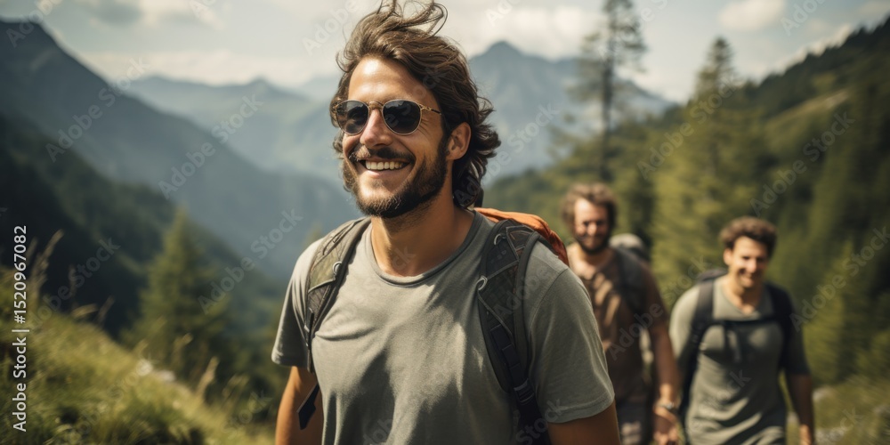 Naklejka premium Adventure hiking with friends in mountainous landscape outdoor lifestyle photography scenic viewpoint