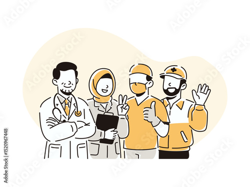A Muslim community working in a hospital, a doctor with stethoscope, a nurse wearing hijab, a surgeon, and an ambulance driver. Flat line style illustration isolated on white background