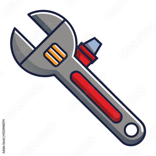 Cartoon Illustration of an Adjustable Wrench with Red Handle and Silver Jaws