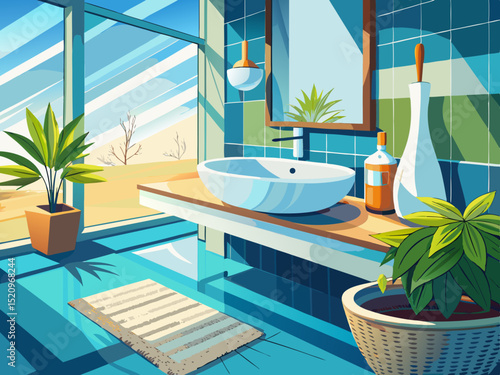 Modern design of the bathroom with a shiny white sink model of a white and white wicker vase, a beautiful white space and bright natural light that creates a calm and pleasant atmosphere for relaxatio