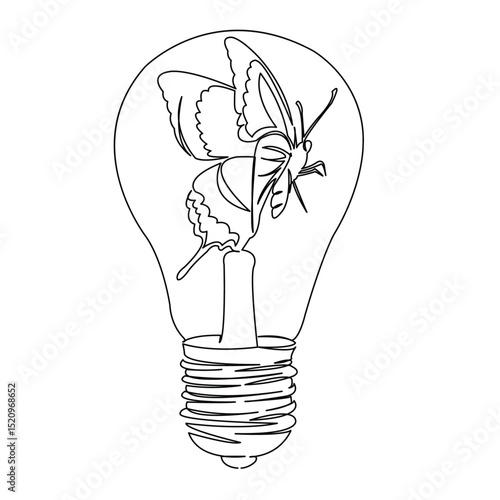 One continuous single drawing line art flat doodle symbol, white, concept, energy, butterfly, light, electricity. Isolated image hand draw contour on a white background
