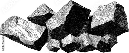 Engraved illustration of fragmented geometric polygons