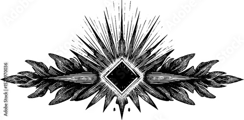 Engraved geometric sunburst with ornate leaves design for artistic decor