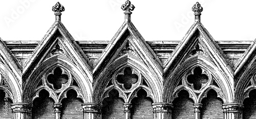 Intricate gothic architecture engraving with lancet arches and decorative facade