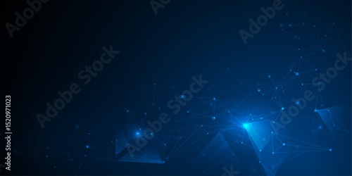 Vector molecule. Abstract internet network connection design for web site. Digital data, communication, science and futuristic concept. Network Connected lines with dots, technology on blue background