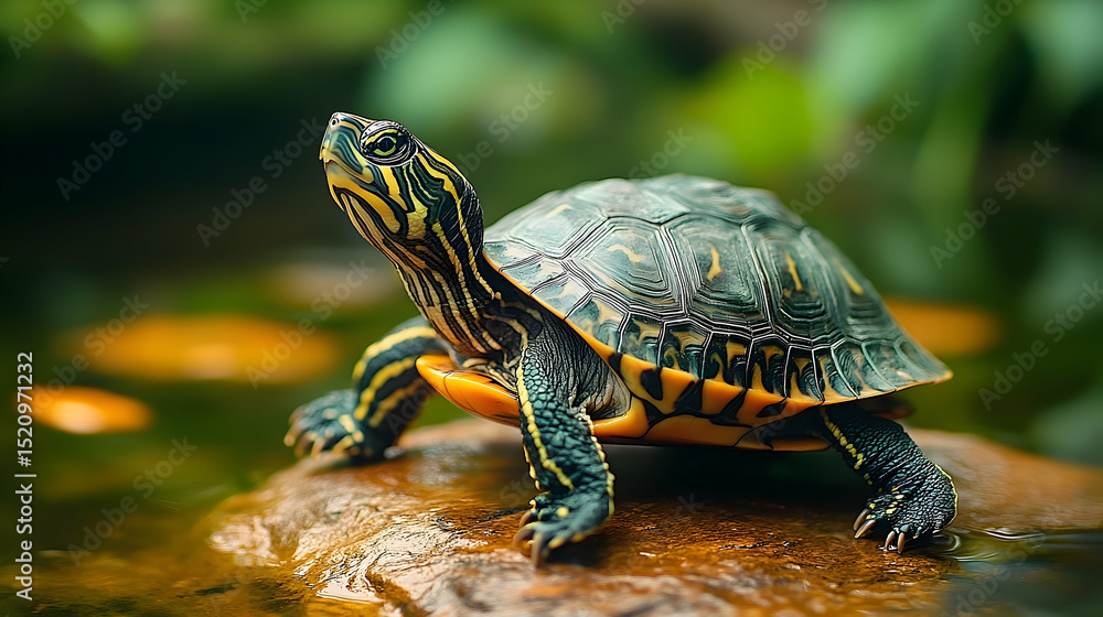 Obraz premium Close-up of a vibrant turtle resting on a rock.