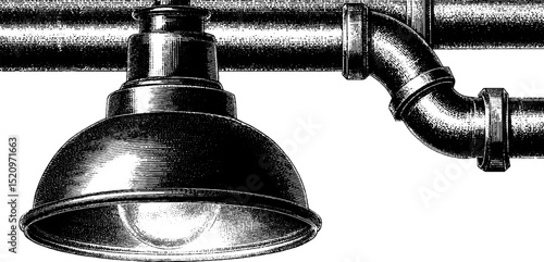 Engraved illustration of industrial light fixture. Vintage retro lamp design with detailed etching, metal pipes, machinery, classic architecture