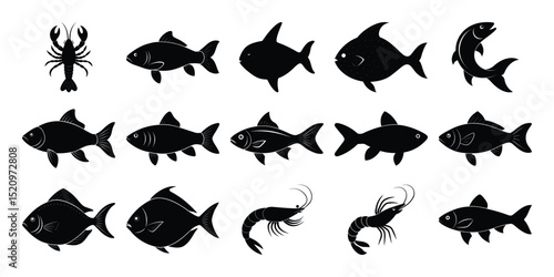 Silhouette Collection of Vector Fish, Shrimp, and Lobster Icons Aquatic Animal Set on white background 