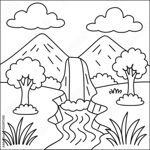 Detailed line art scenery illustration page two featuring nature and landscape elements